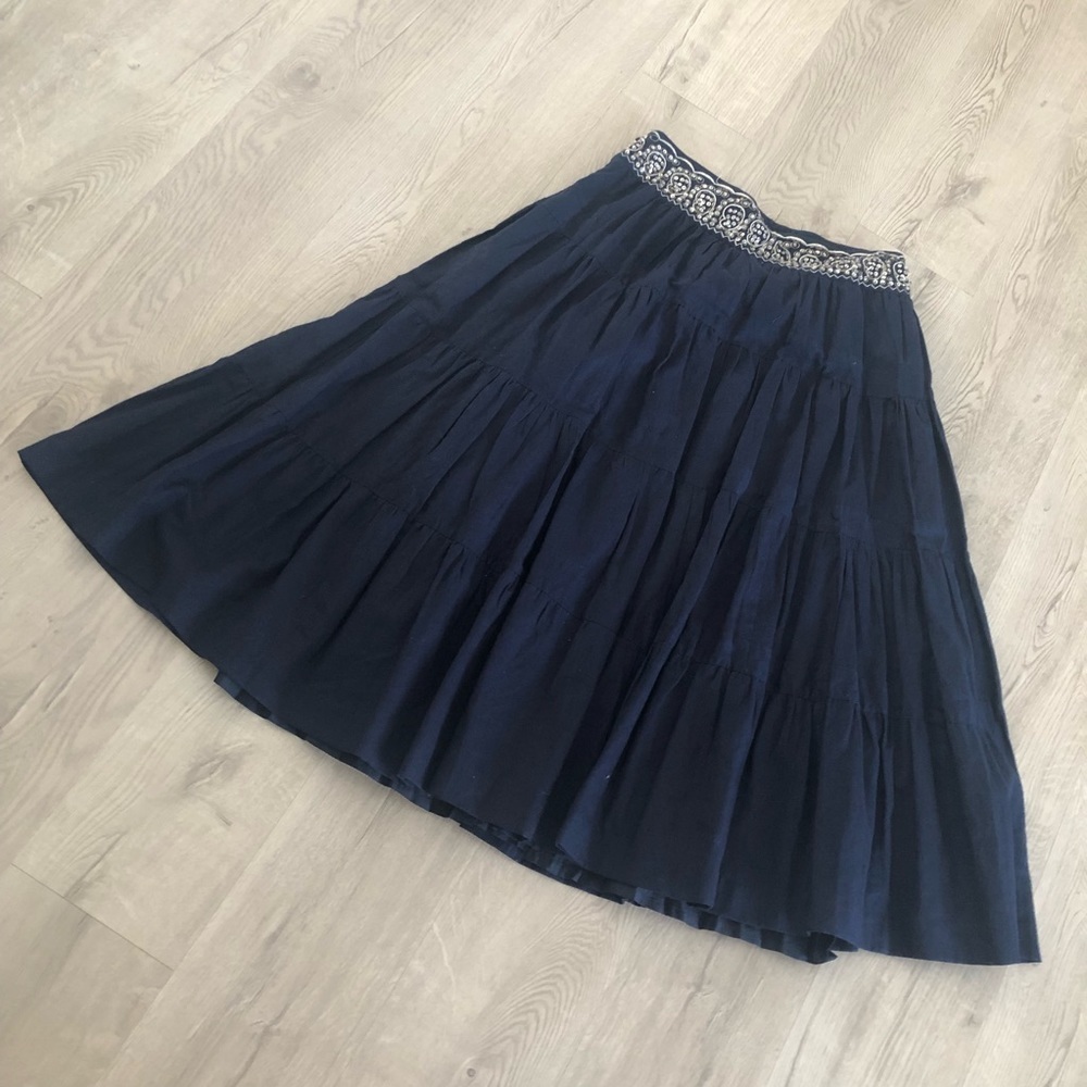 Navy Four Tier Prairie Skirt Beaded Waist M/L